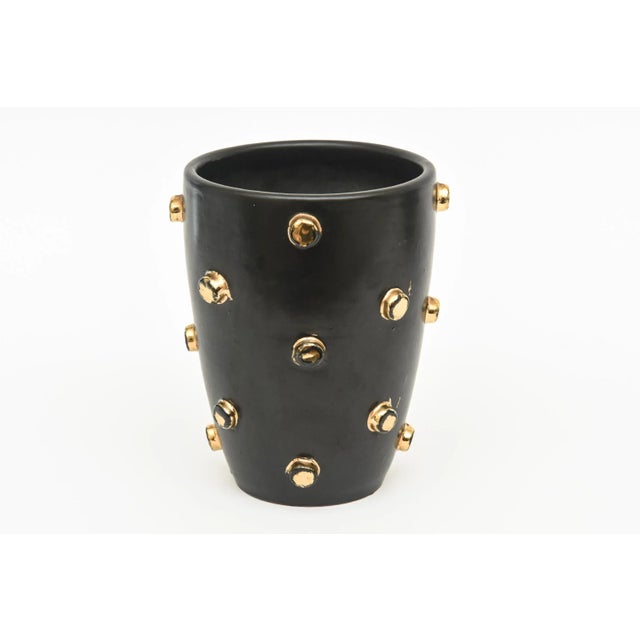 1960s Vintage Italian Alvino Bagni for Bitossi Black Ceramic Bowl and Vase With Gold Plated Studs, 1960's For Sale - Image 5 of 12