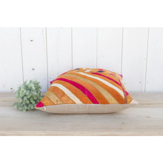 Pumpkin Spiced Silk Phulkari Pillow For Sale In Los Angeles - Image 6 of 9