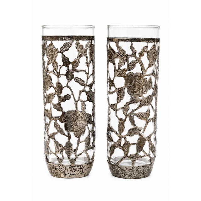 Mid-Century Modern Vintage .925 Sterling Silver Overlay Rose Vine Highball Glasses, Pair For Sale - Image 3 of 8