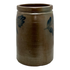 Antique Early American 1 1/2 Gallon Size Stoneware Jar With 3 Blue Decorated Tulip Flowers - Circa 1830s