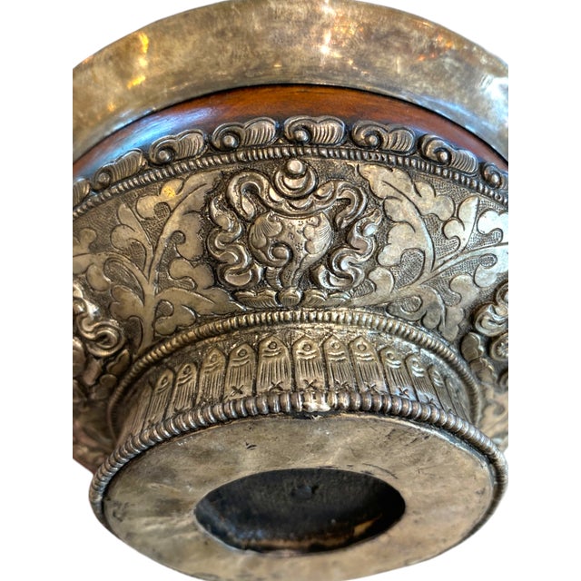Wood Antique Tibetan Silver & Wood Jha Pho Tsampa Bowl – Buddhist Auspicious Decor For Sale - Image 7 of 15