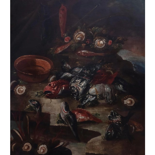 Unknown, Still Life with Fishes and Oysters, Original Oil on Canvas, 17th-Century For Sale - Image 3 of 4