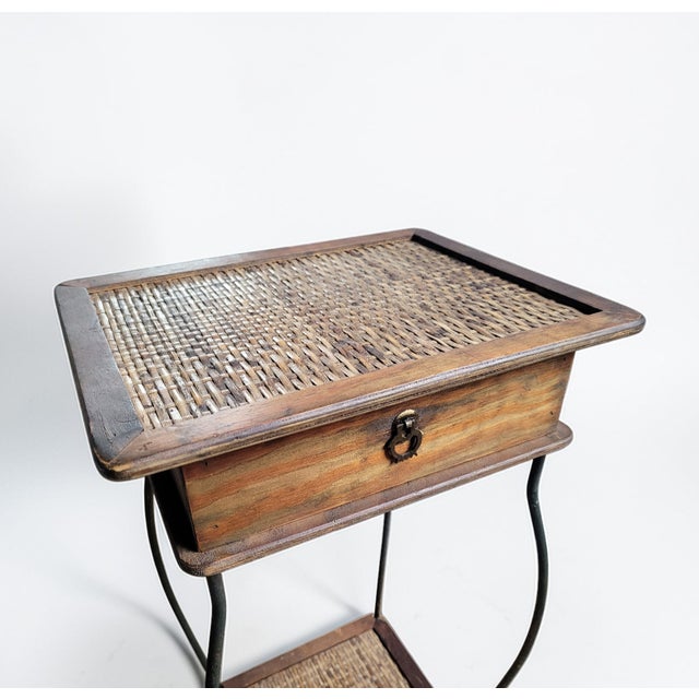 Vintage Mediterranean Revival Woven Rattan and Wood Side Table with Iron Base and Drawer, 1950s For Sale - Image 4 of 11