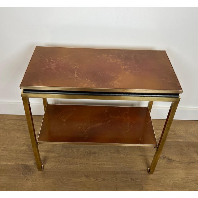 Guy Lefevre 1970s Black lacquered metal and brass side table with amber celluloid shelves For Sale - Image 4 of 12