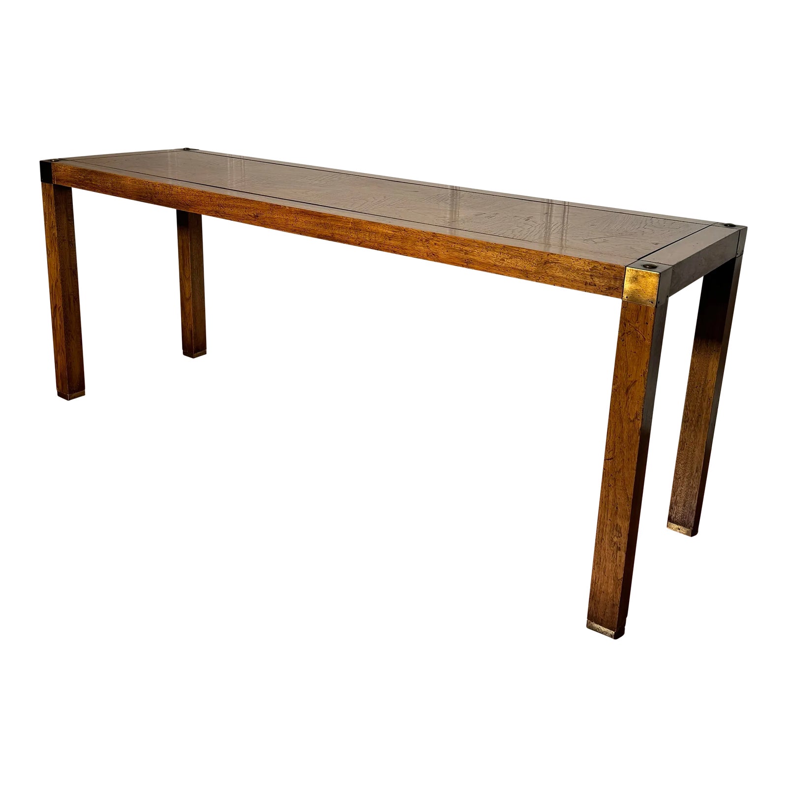 Vintage Campaign Parquet Wood & Brass Console Table | Chairish