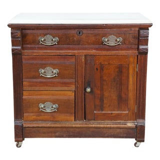 Antique Victorian Eastlake Walnut Burl Marble Washstand Chest Cabinet Stand For Sale