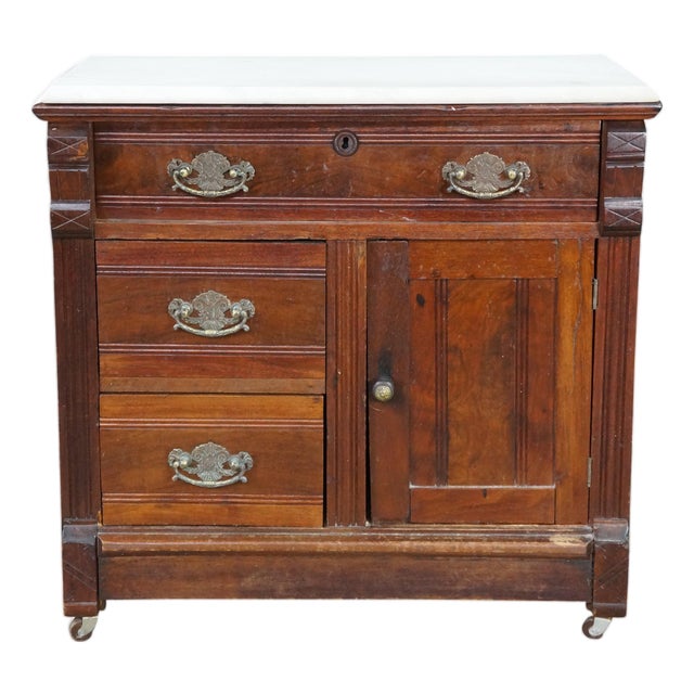 Antique Victorian Eastlake Walnut Burl Marble Washstand Chest Cabinet Stand For Sale