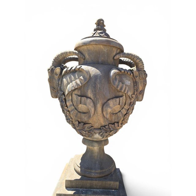 Gray Architectural Stone Urns with Ram Heads, Italy, 1940s, Set of 2 For Sale - Image 8 of 12