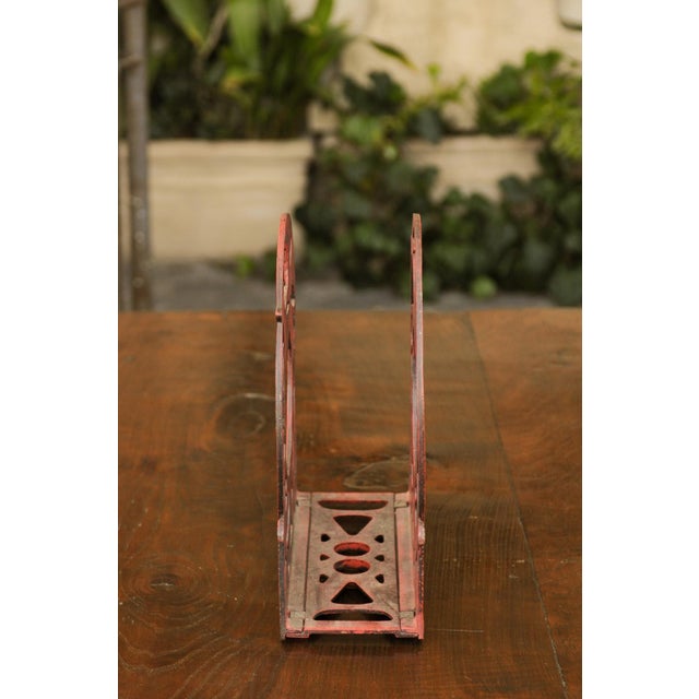 Metal English 1930s Red Painted Metal Magazine Rack with Medallions and Greyhounds For Sale - Image 7 of 11