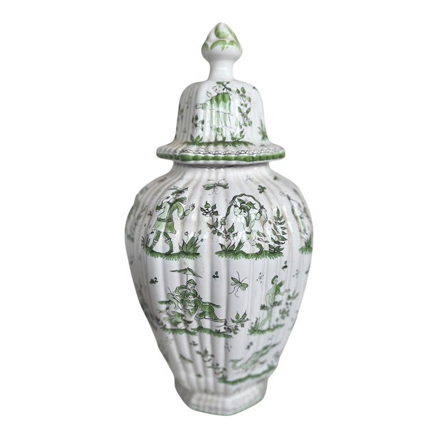 Moustiers Green and White Vase With Lid For Sale