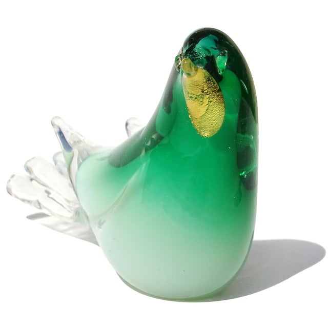 Beautiful, and very cute, vintage Murano hand blown Sommerso emerald green, white opal, and gold flecks Italian art glass...