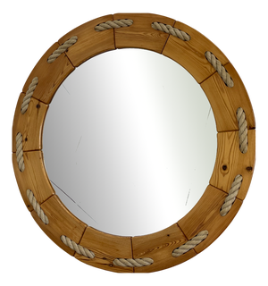 Scandinavian Round Pine Mirror with Rope Details, 1970s