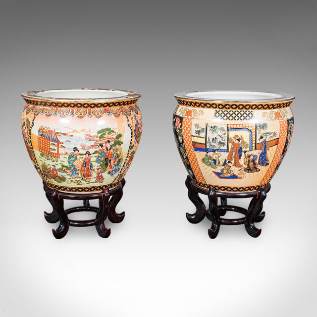 This is vintage planter on stand duo. A Japanese, ceramic fishbowl jardiniere, dating to the Art Deco period, circa 1940....