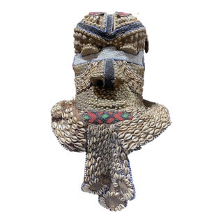 Impressive Vintage Large African Tribal Kuba Royal Head Mask Congo 15" H For Sale