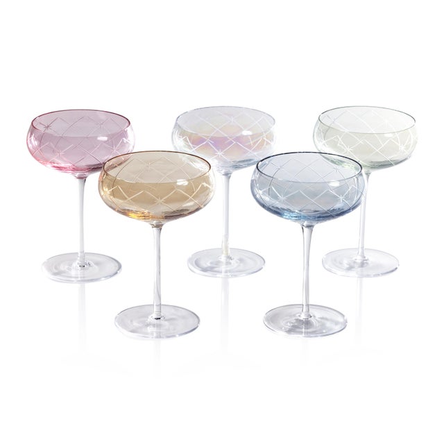Contemporary Audrey 4-Piece Set Hand Etched Coupe Glasses, Blue Luster For Sale - Image 3 of 8