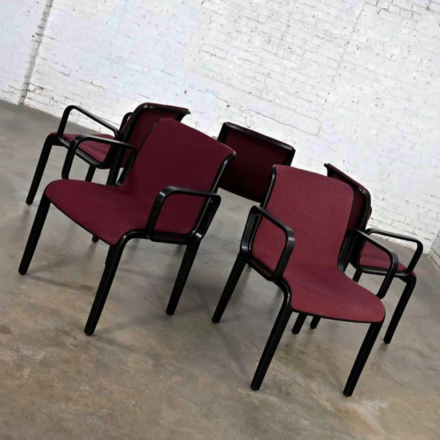 Wonderful vintage MCM or Mid-Century Modern bentwood 1300 Series dining armchairs with original maroon hopsacking...
