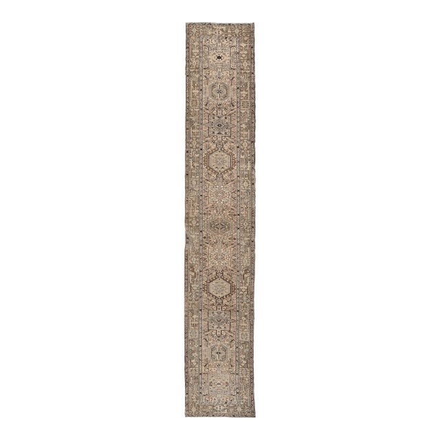 Vintage Persian Karadjeh Long Runner With Medallion Design in Natural Wool Tones For Sale