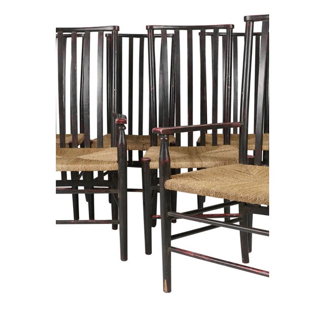 Dessin Fournir Set of 8 Elegant Bespoke Ebonized Wood Dining Chairs: Tall Back Dessin Fournir Slat Back Black Hand Rubbed Ebonized Wood With Rush Seats. Set of 8 For Sale - Image 4 of 12