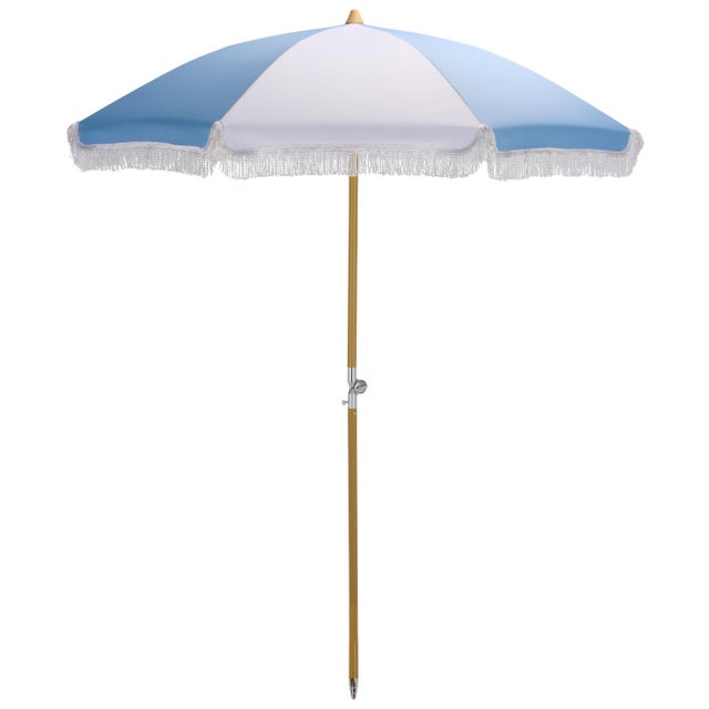 Baby Blue Gallo 6.5 Ft Beach Fringed Umbrella, Baby Blue Cabana Stripe For Sale - Image 8 of 8