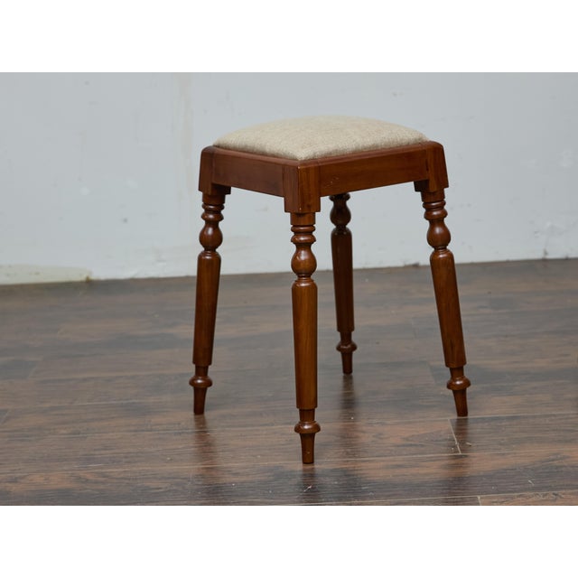 19th Century English Mahogany Stool with Turned Legs and Upholstered Seat For Sale - Image 10 of 12