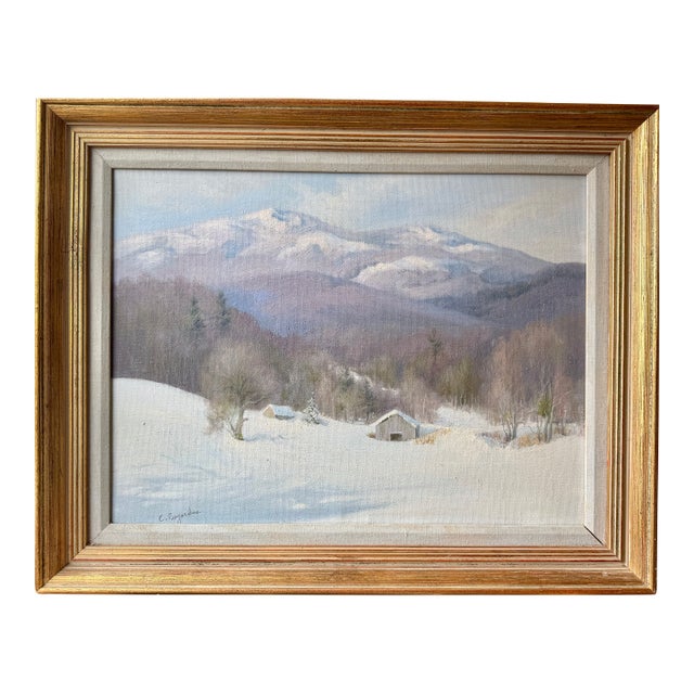 Snow in New England Farm Beneath the Snow Capped Mountains by Catherine Bogardus For Sale