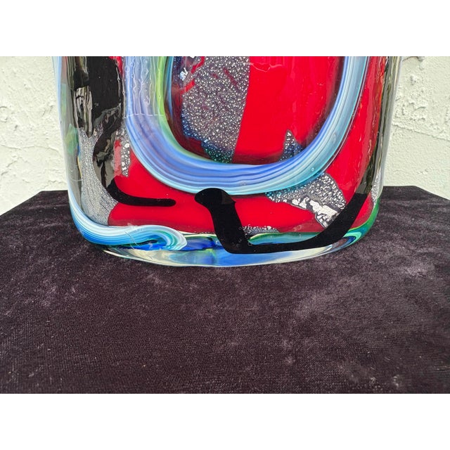 Mid-Century Modern Vintage Murano Hand-Blown Art Glass Vase With Aventurine, Red & Blue Swirl Design For Sale - Image 3 of 8