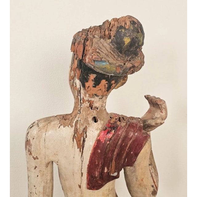19th Century Southeast Asian Tall Painted & Carved Wood Figure of a Man For Sale - Image 9 of 15