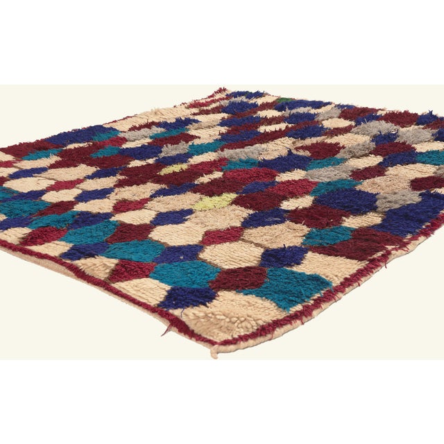 22052 Vintage Azilal Moroccan Rug, 04'05 x 05'02. The Bohemian Mosaic: A Vintage Azilal Moroccan Masterpiece of Tribal...
