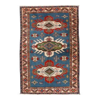 Late 20th Century Modern Geometric Wool Rug With Vibrant Blue Field & Bold Tribal Motifs -4' 5'' X 6' 4'' For Sale