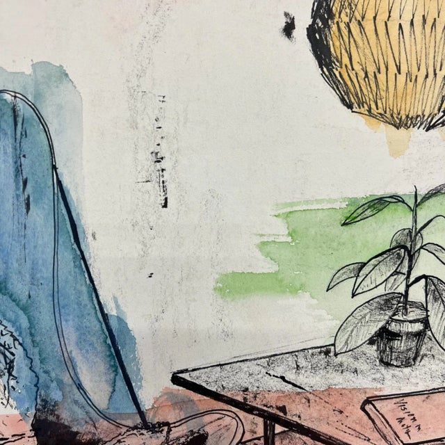 1960s Cool Blue Watercolor Ink on Paper Mod Interior Butterfly Chair + Pendant For Sale In San Diego - Image 6 of 10