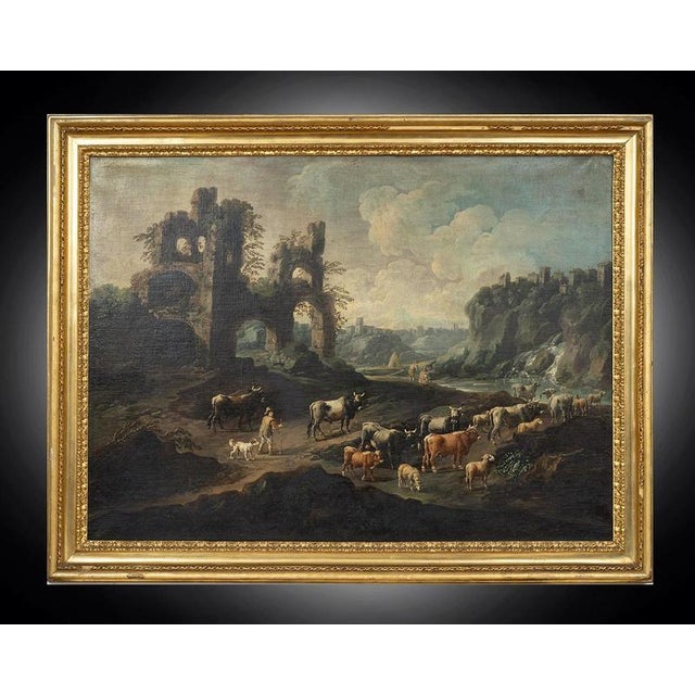 After Domenico Brandi, The Mammolo Bridge and a Roman Landscape with Ruins, Naples, Early 18th Century, Oil Paintings on Canvas, Framed, Set of 2 For Sale - Image 5 of 8