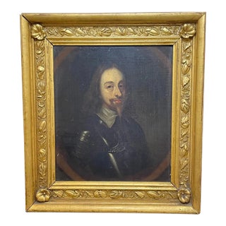 British 17th Century Oil Painting Portrait of Royal Monarch King Charles 1st Wearing Armour For Sale