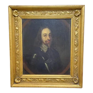 British 17th Century Oil Painting Portrait of Royal Monarch King Charles 1st Wearing Armour