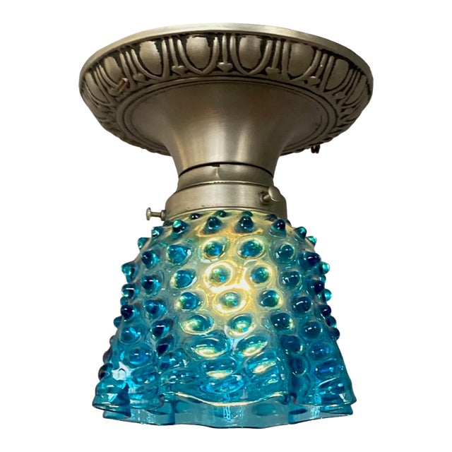 1910-Ish Flush Mount Brushed Nickel Fitter With Blue Hobnail Shade -- Ceiling Light Fixture For Sale