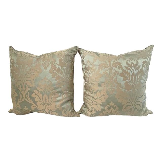 Restoration Hardware Damask Pillows 2 Silk Cotton 18x18” Damask Sage Green For Sale
