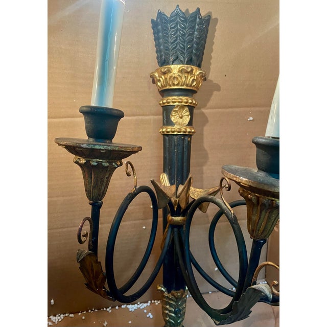 Pair Neoclassic Italian Carved Wood Iron Black Gold Painted Arrow Wall Sconces For Sale - Image 10 of 12