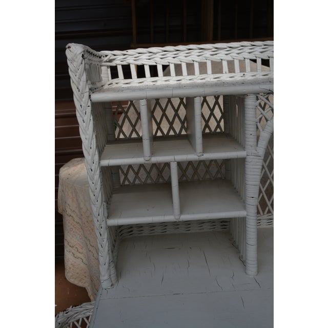 Vintage White Wicker Writing Desk W/ Drawer / Side Basket & Cubbies / Shelves For Sale - Image 4 of 18