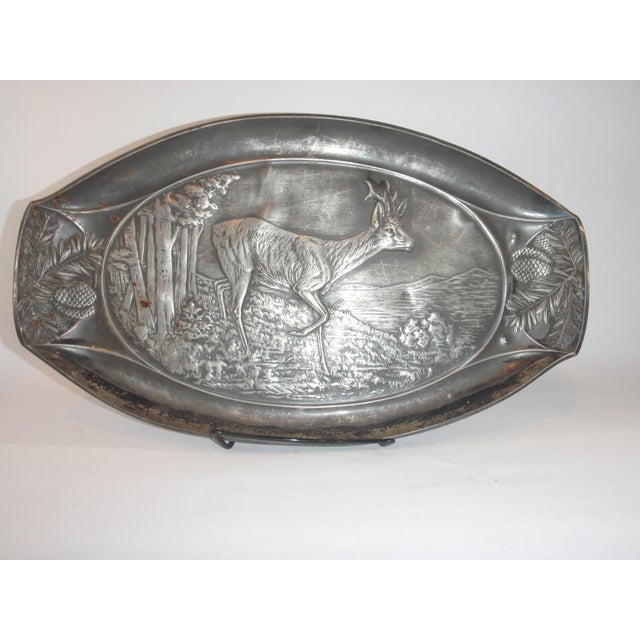 Vintage Oval Pewter Platter With Roe Deer in Mountains With Pinecone Edge For Sale - Image 12 of 12