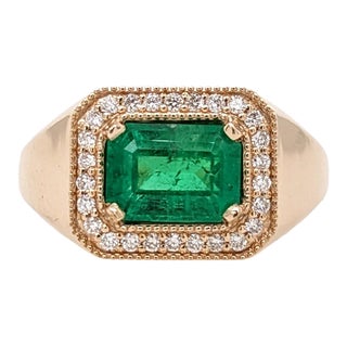 Gia Certified Colombian Emerald Cut Emerald Ring with Earth Mined Diamonds in Solid 14k Yellow Gold Size 6.75 For Sale