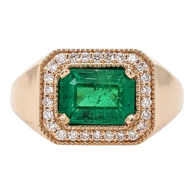 Gia Certified Colombian Emerald Cut Emerald Ring with Earth Mined Diamonds in Solid 14k Yellow Gold Size 6.75 For Sale