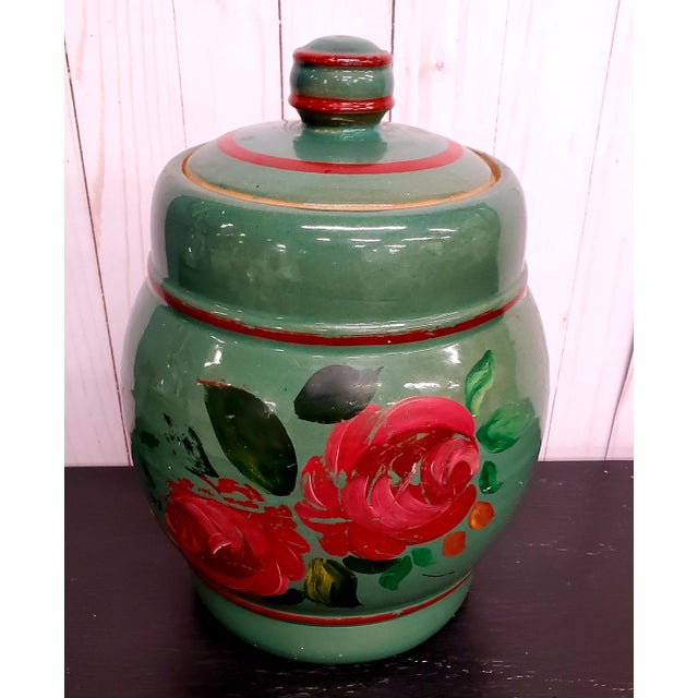 Green Flowered Stoneware Crock or Cookie Jar with Lid Chairish