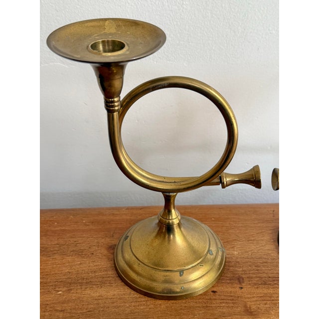 Brass French Horn Candlestick Holders, a Pair For Sale - Image 6 of 8
