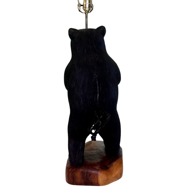 Late 20th Century Rare Rustic Carved Wooden Standing Bear Lamp With Intricate Details For Sale In Dallas - Image 6 of 15