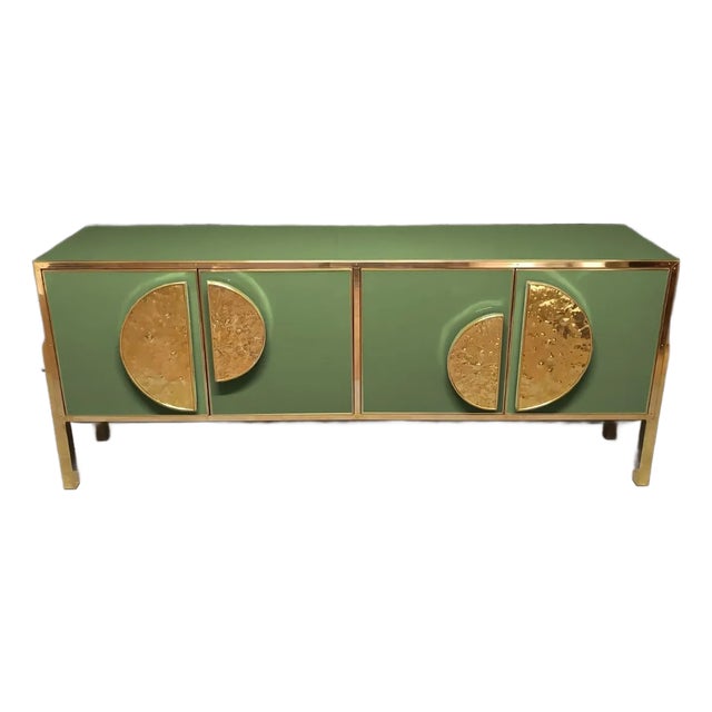 Credenza With Green Glass and Brass Fittings and Handles For Sale