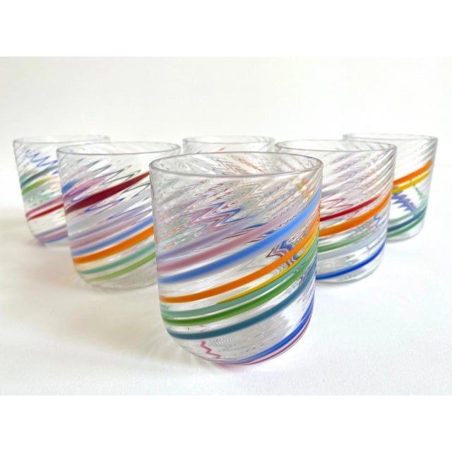Contemporary Vintage 1980s Post Modern Hand Blown Studio Art Glass Multicolor Abstract Swirl Glasses - Set of 6 For Sale - Image 3 of 13