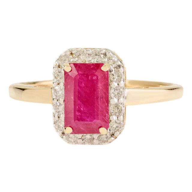 Prong Set Ruby With Halo Diamonds in 14k Gold Engagement Ring Size 6.5 For Sale