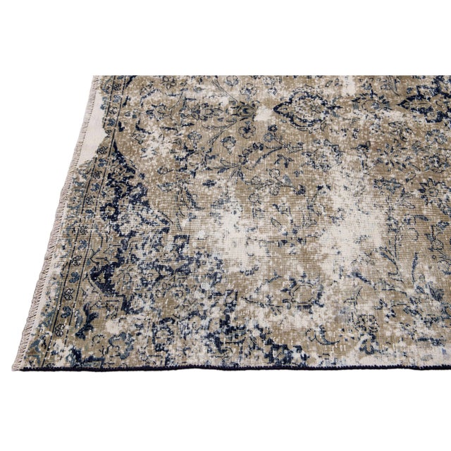 Vintage Handmade Medallion Motif Tan and Blue Distressed Wool Rug For Sale In New York - Image 6 of 11