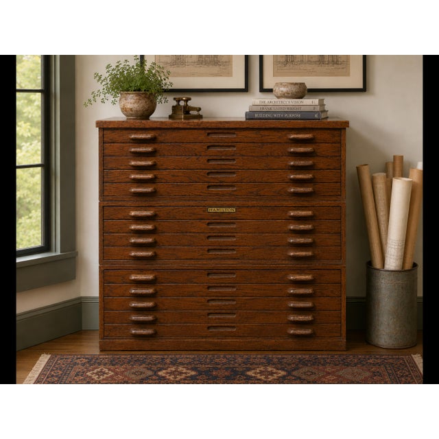 An exceptional vintage Hamilton large-format flat file cabinet in original oak finish, featuring 15 shallow drawers...