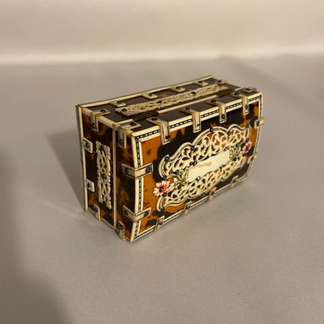 Antique 19th Century Vizagapatam Box with domed hinged lid. Faux tortoiseshell and pierced faux bone with floral design....