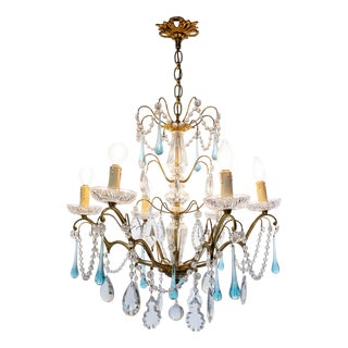 French 6-Arm Chandelier in Brass and Crystals, 1960s For Sale
